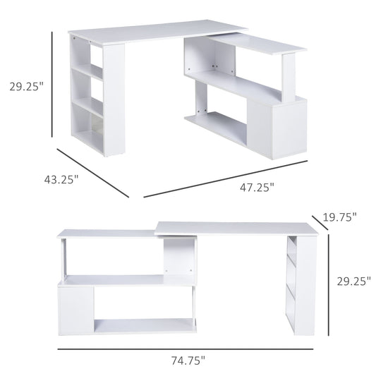 L Shaped Desk, 360° Rotating Corner Desk, Computer Writing Table Workstation with Storage Shelf for Home Office, White at Gallery Canada