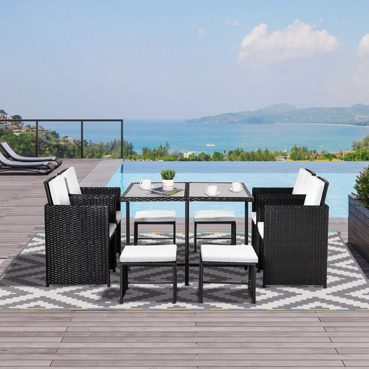 9 Pieces Patio Wicker Dining Set, PE Rattan Garden Sectional Sofa Outdoor Space-Saving Furniture Sets, White - Gallery Canada