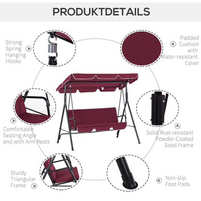 3-Seat Patio Swing Chair, Outdoor Porch Swing Glider with Adjustable Canopy, Removable Cushion, and Weather Resistant Steel Frame, for Garden, Poolside, Backyard, Wine Red - Gallery Canada