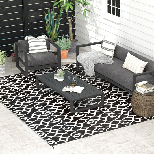 Reversible Outdoor Rug, Waterproof Plastic Straw RV Rug with Carry Bag, 9' x 12', Black and White Clover - Gallery Canada
