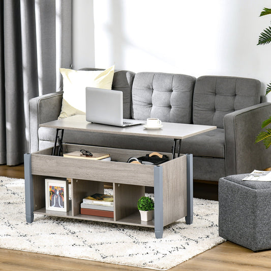 Lift Top Coffee Table with Hidden Storage Compartment and 3 Lower Shelves, Pop-Up Center Table for Living Room, Grey - Gallery Canada