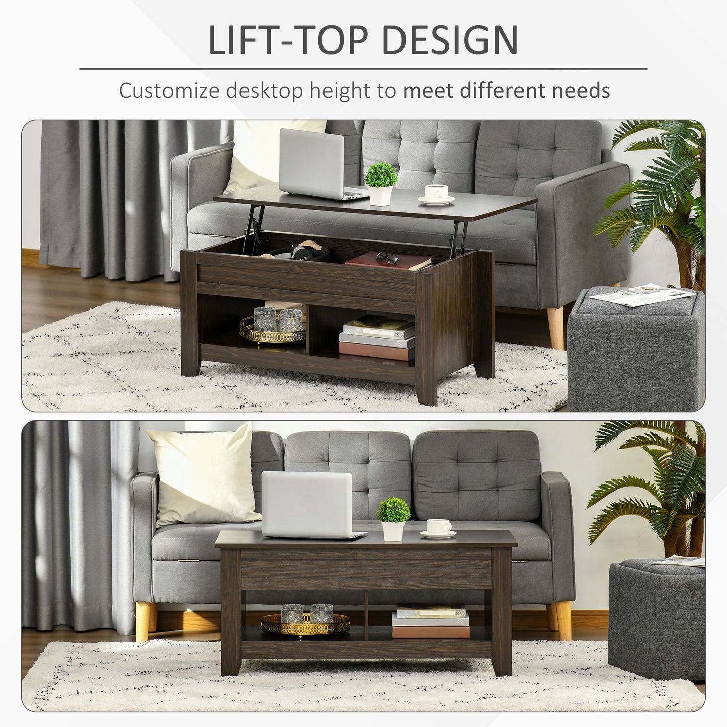 Lift Top Coffee Table with Hidden Storage Compartment and Open Shelves, Lift Tabletop Pop-Up Center Table for Living Room, Dark Walnut - Gallery Canada