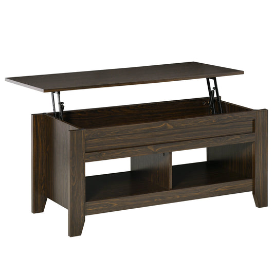 Lift Top Coffee Table with Hidden Storage Compartment and Open Shelves, Lift Tabletop Pop-Up Center Table for Living Room, Dark Walnut at Gallery Canada