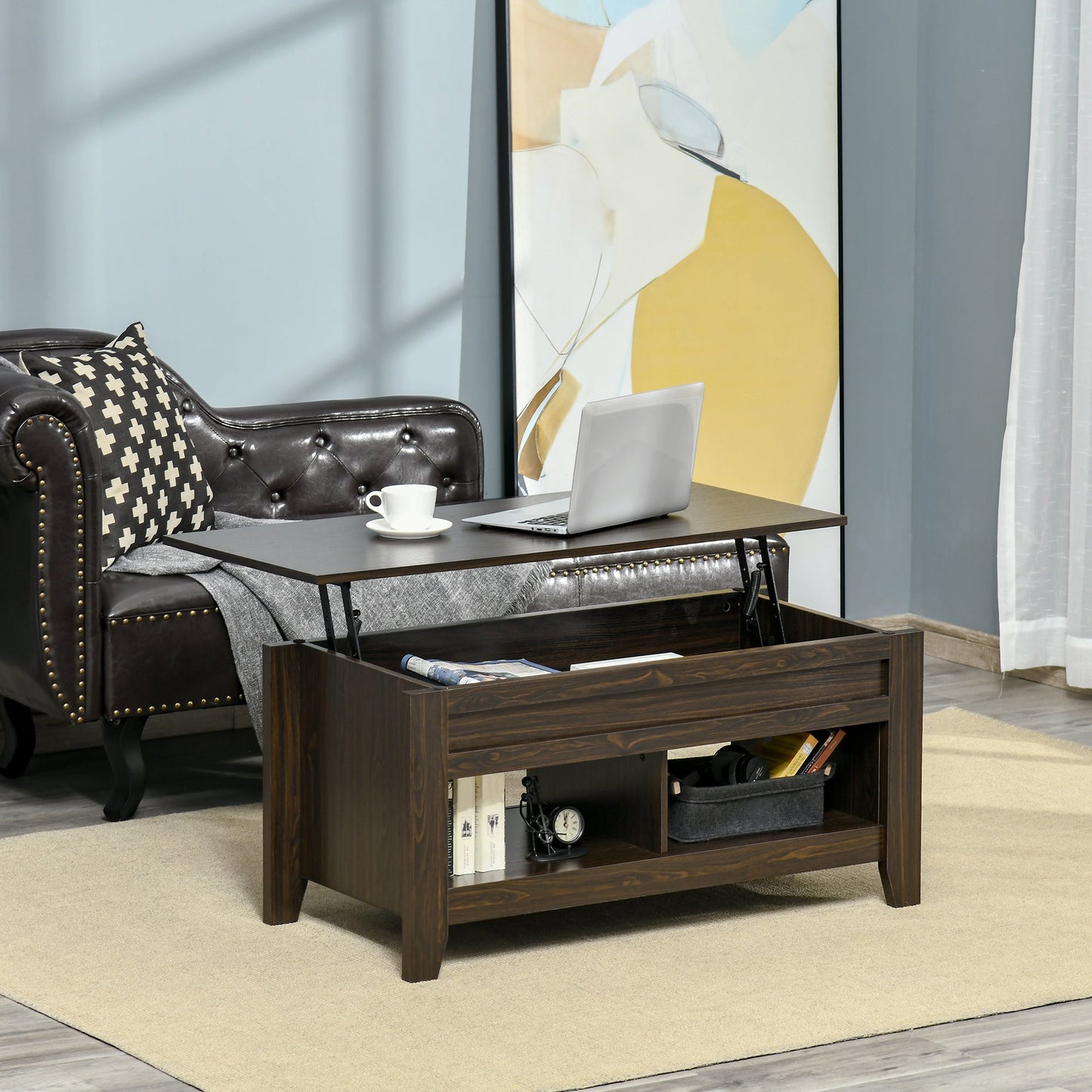 Lift Top Coffee Table with Hidden Storage Compartment and Open Shelves, Lift Tabletop Pop-Up Center Table for Living Room, Dark Walnut - Gallery Canada