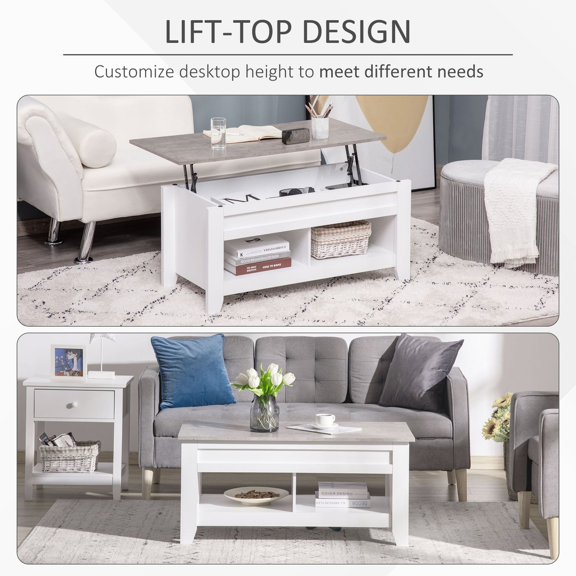 Lift Top Coffee Table with Hidden Storage Compartment and Open Shelves, Lift Tabletop Pop-Up Center Table for Living Room, White - Gallery Canada