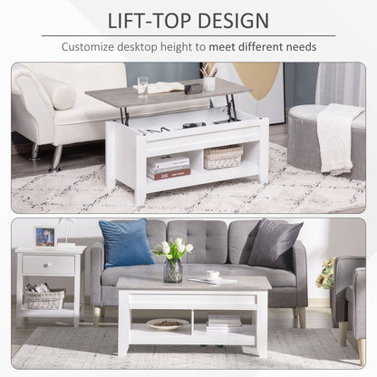Lift Top Coffee Table with Hidden Storage Compartment and Open Shelves, Lift Tabletop Pop-Up Center Table for Living Room, White - Gallery Canada