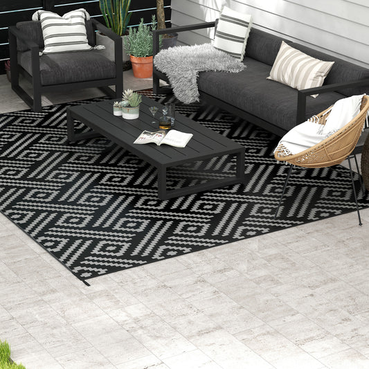 Reversible Outdoor Rug Waterproof Plastic Straw RV Rug with Carry Bag, 9' x 12', Black and Grey Geometric - Gallery Canada