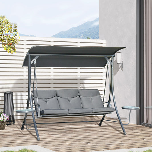 3 Seat Outdoor Swing Chair Steel Swing Bench Porch Swing With Adjustable Canopy &; Coffee Tables &; Cushion for Patio Garden, Black - Gallery Canada