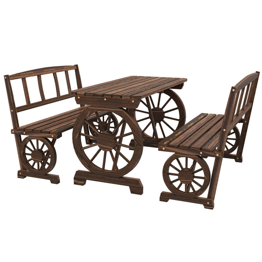 Wooden Patio Table and Chairs for 4 People 3-Piece Carriage Wheels Design for Porch, Backyard, Balcony, Carbonized at Gallery Canada