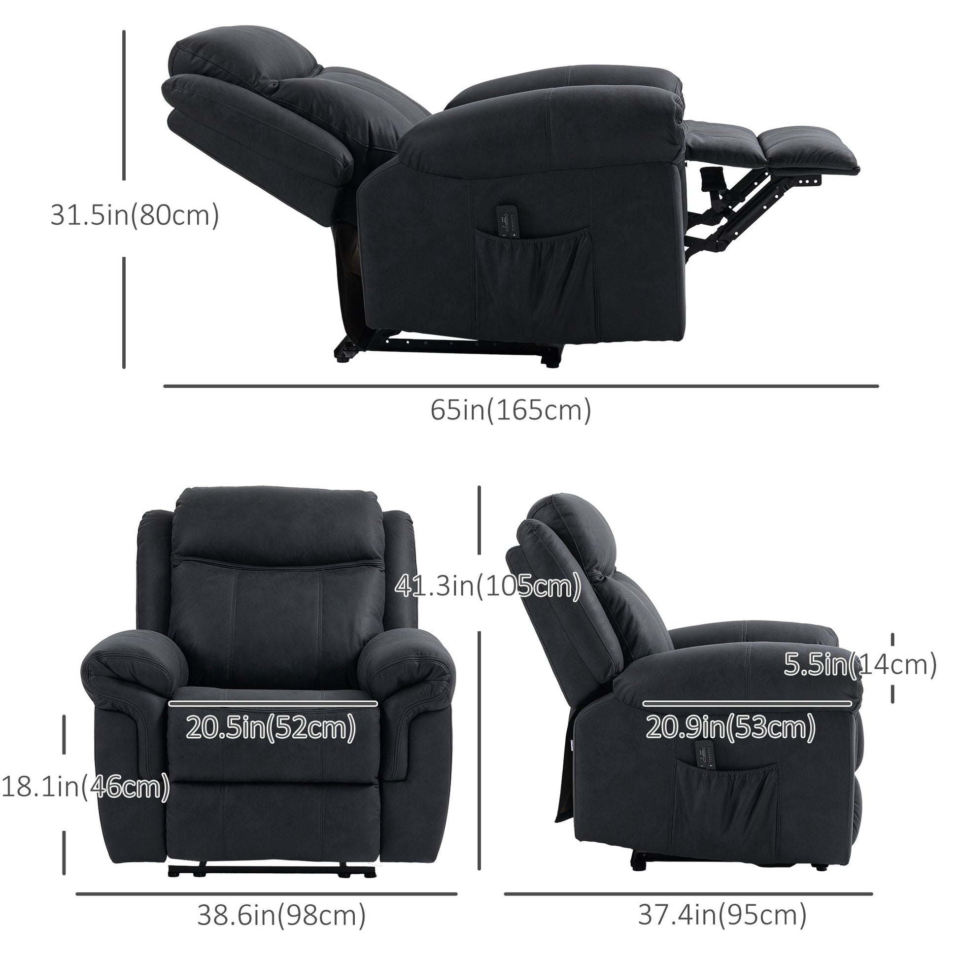 Manual Recliner Chair with Vibration Massage, Side Pockets, Microfibre Reclining Chair for Living Room, Black - Gallery Canada
