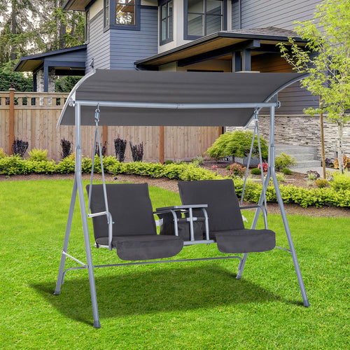 Double Outdoor Swing Chair 2 Person Covered Swing Porch Swing w/ Pivot Table &; Storage Console Grey