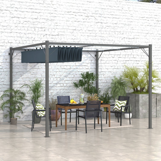 Metal Pergola with Retractable Roof, 10' x 10' Wall Mounted Outdoor Gazebo Sun Shade Shelter - Gallery Canada