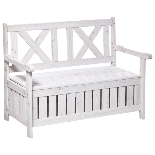 Wooden Outdoor Storage Bench 2-Person Patio Bench with Louvered Side Panels and X-Shape Back for Garden, Patio, White - Gallery Canada