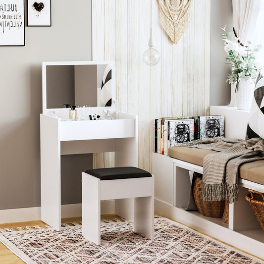 Mirrored Vanity Set Dressing Table and Stool Set Makeup Desk with Flip Top Bedroom Furniture White - Gallery Canada