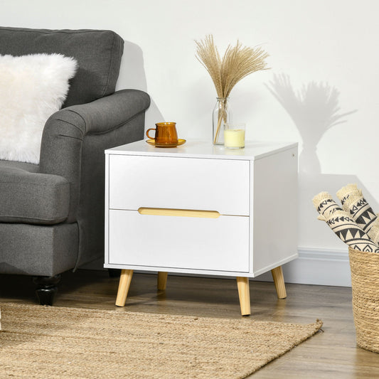 Modern Bedside Table, Nightstand with 2 Drawers, Side End Table with Solid Wood Legs for Bedroom, White - Gallery Canada