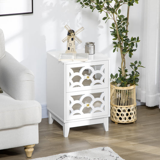 Modern Bedside Table, Side End Table with Drawers and Front Mirror, 15.4"x14.4"x23.6", White - Gallery Canada