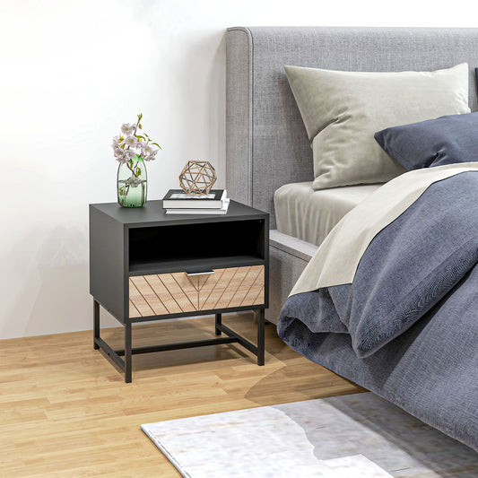 Modern Bedside Table with Drawer, Nightstand with Storage Shelf, Sofa End Table for Bedroom, Black and Oak - Gallery Canada