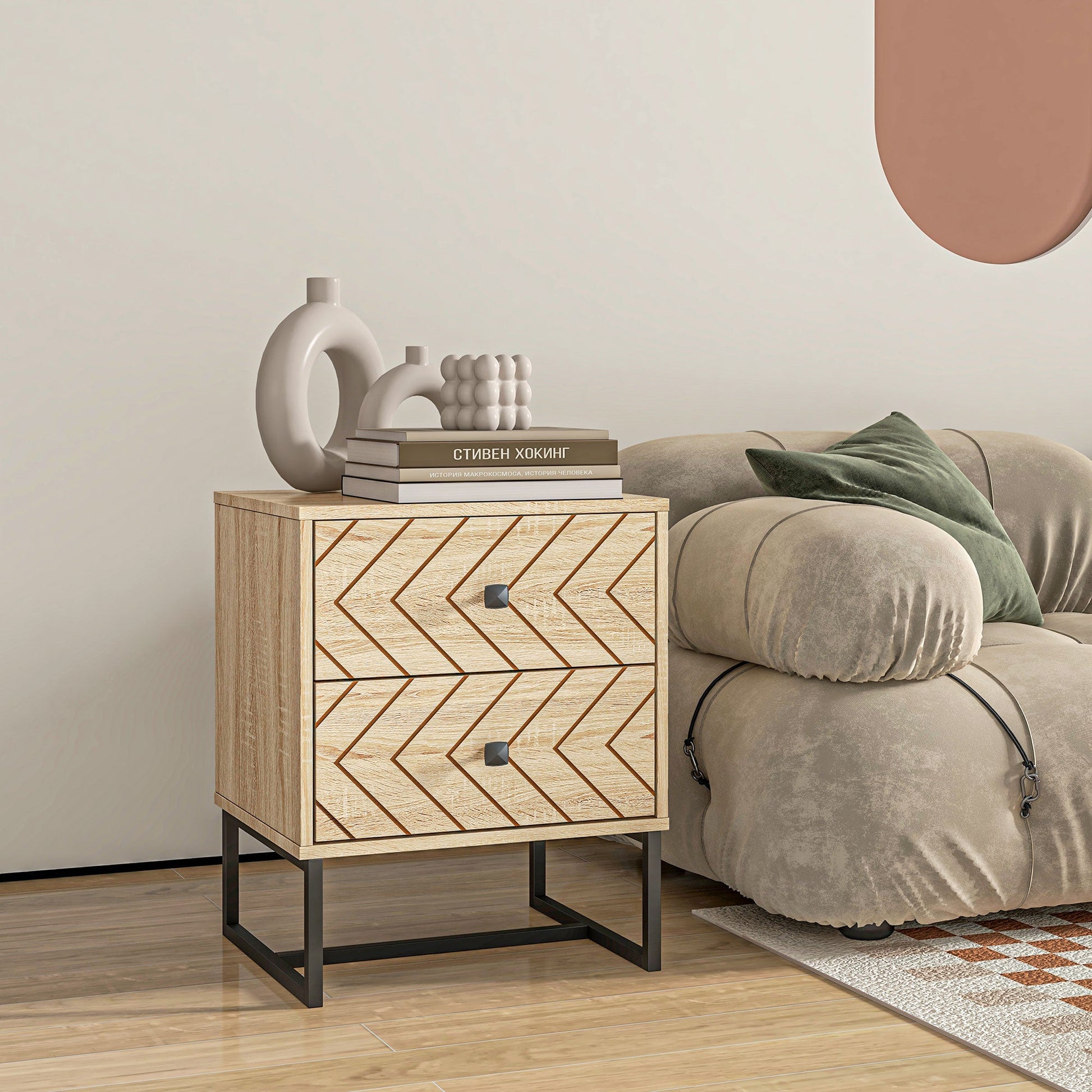 Modern Nightsta, Bedside Table with Drawers, Side End Table with Metal Legs for Bedroom, Zig Zag Design, Natural - Gallery Canada