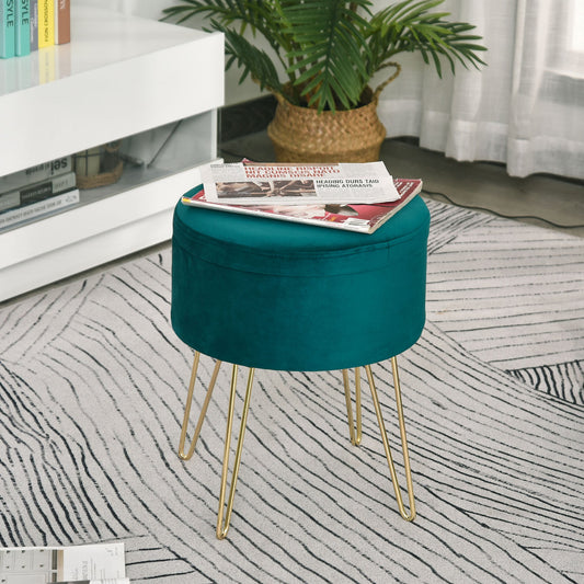 Modern Round Velvet Storage Ottoman Footstool Seat Rest Dressing Chair with Gold Metal Legs Tray Top Wooden Table Green - Gallery Canada