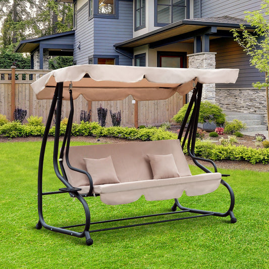 3-Seat Outdoor Patio Swing Chair, Converting Flat Bed, Canopy Swing with Adjustable Shade, Removable Cushions, Cup Holder, Light Brown - Gallery Canada