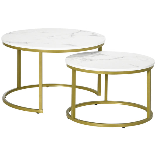 Nesting Tables, 29" Round Coffee Table Set of 2, Modern Side Tables for Living Room with Metal Base, Faux Marbled White - Gallery Canada