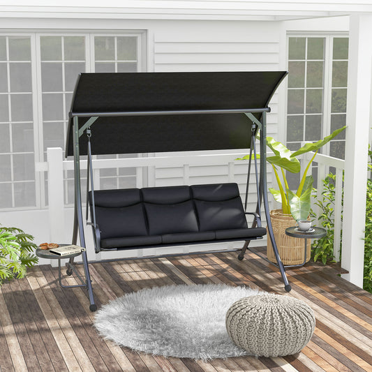 3 Seat Outdoor Swing Chair Steel Swing Bench Porch Swing With Adjustable Canopy &; Coffee Tables &; Cushion for Patio Garden, Black - Gallery Canada