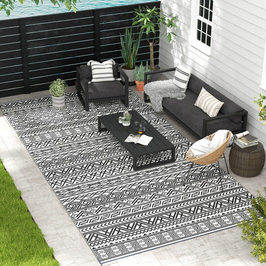 Reversible Outdoor Rug Waterproof Plastic Straw RV Rug with Carry Bag, 9' x 18', Grey and Cream White Boho - Gallery Canada