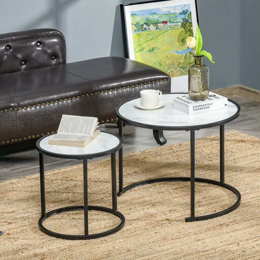 Round Nesting Coffee Table Set of 2, Stacking Modern Accent Tables with Faux Marble Tabletop and Metal Frame for Living Room, White - Gallery Canada