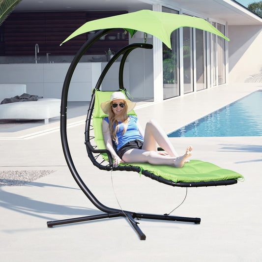 Outdoor Hammock Chair with Stand, Floating Chaise Lounge Chair with Soft Padded Cushion, Hanging Hammock Swing Reclining Seat with Canopy Umbrella, Green - Gallery Canada