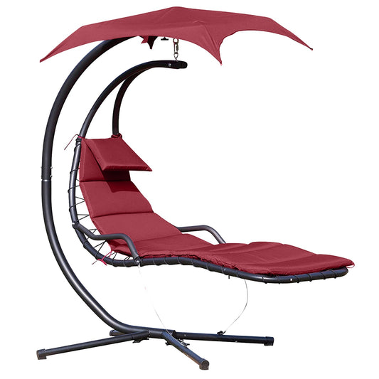 Outdoor Hammock Chair with Stand, Floating Chaise Lounge Chair with Soft Padded Cushion, Hanging Hammock Swing Reclining Seat with Canopy Umbrella, Wine Red - Gallery Canada