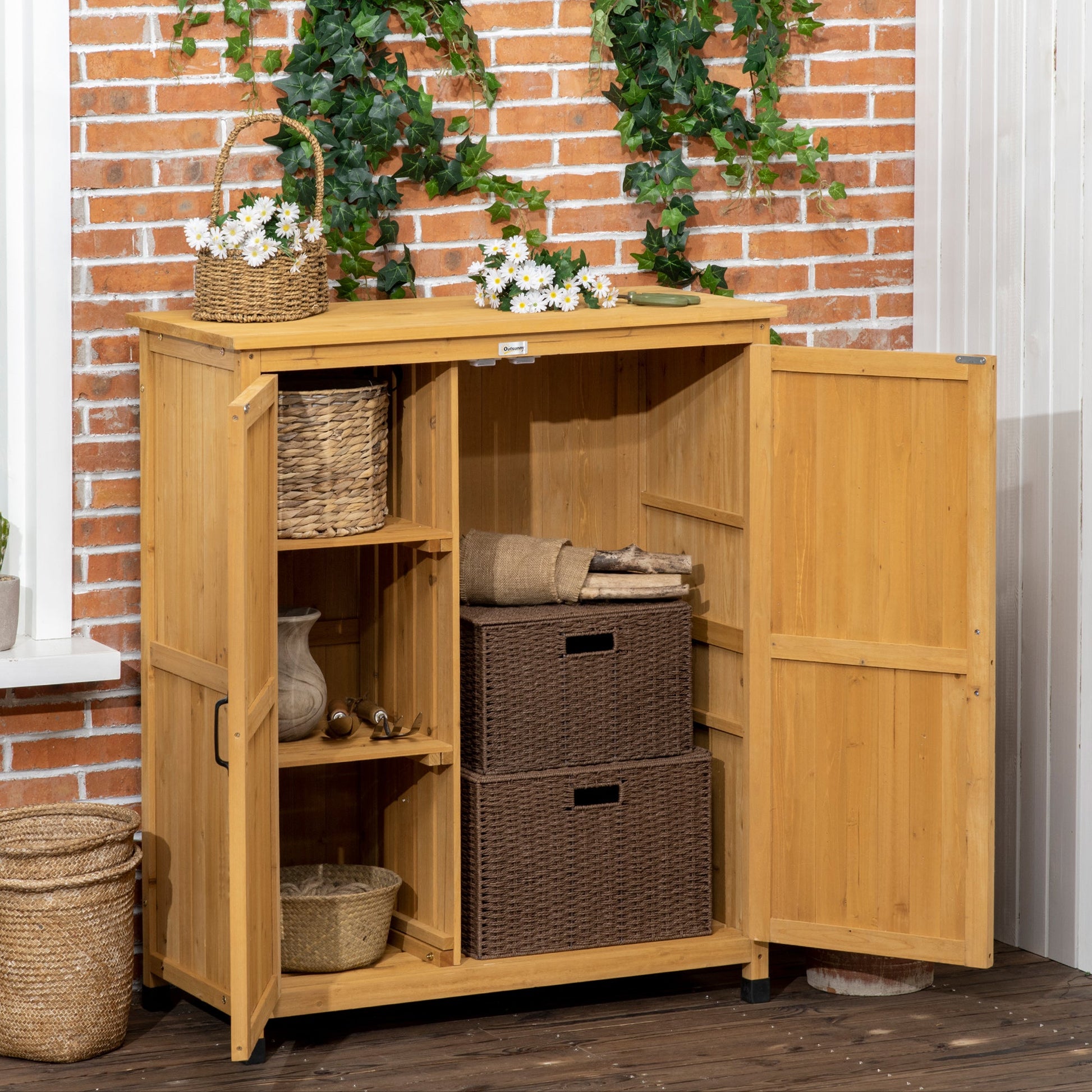 Outdoor Storage Cabinet &; Potting Table, Wooden Gardening Bench with Patio Cabinet and Magnetic Doors at Gallery Canada