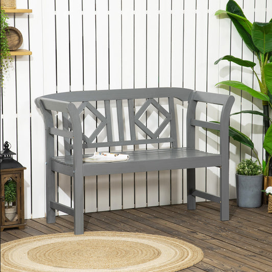 Outdoor Wooden Bench, Patio Loveseat Chair with Stylish Pattern Backrest and Armrests for Yard, Lawn, Porch, Dark Gray - Gallery Canada