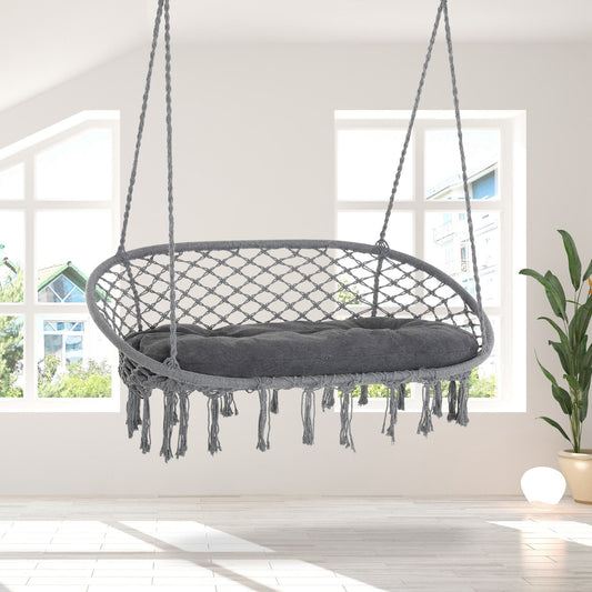 Patio Hammock Chair 2 Seat, Hanging Rope Hammock Swing with Metal Frame and Cushion, Large Macrame Seat for Indoor and Outdoor 704 lbs Capacity, Dark Grey - Gallery Canada