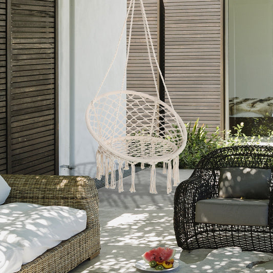 Patio Hammock Chair, Hanging Rope Hammock Swing for Indoor &; Outdoor Use with Backrest, Cotton-Polyester Blend, Fringe Tassels, Cream White - Gallery Canada
