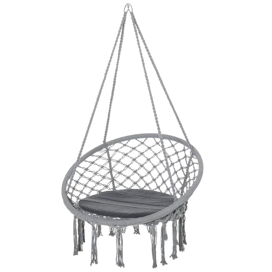 Patio Hammock Chair, Hanging Rope Hammock Swing for Indoor &; Outdoor Use with Backrest, Cotton-Polyester Blend, Fringe Tassels, Light Grey - Gallery Canada