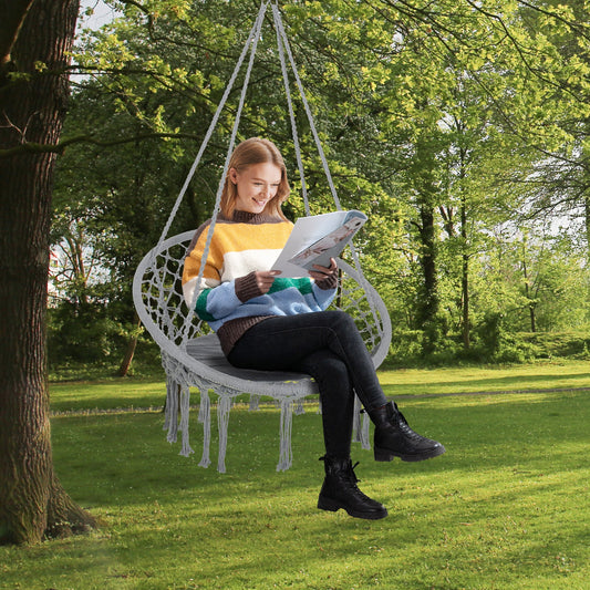 Patio Hammock Chair, Hanging Rope Hammock Swing for Indoor &; Outdoor Use with Backrest, Cotton-Polyester Blend, Fringe Tassels, Light Grey - Gallery Canada