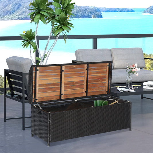 Patio Wicker Storage Bench Box, Outdoor Garden PE Rattan Pool Storage Deck Bin Box w/ Natural Wood Top, Lid, Ideal for Storing Tools, Accessories and Toys, Coffee - Gallery Canada