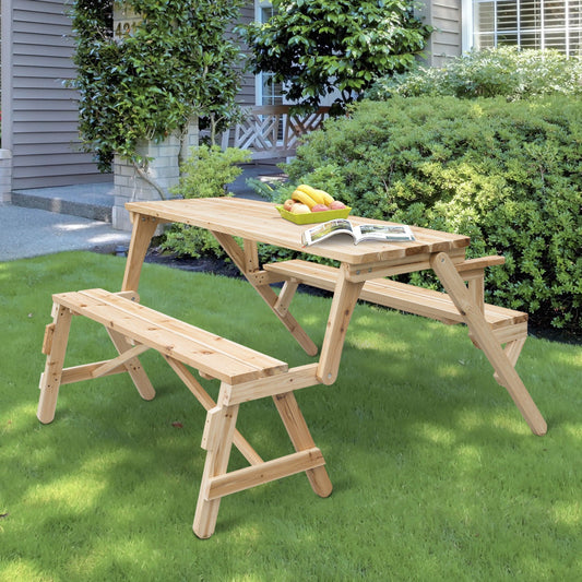 Patio Wooden Folding Picnic Table with Benches, Outdoor 2 in 1 Convertible Patio &; Garden Bench, Foldable Picnic Table with Umbrella Hole, Nature - Gallery Canada