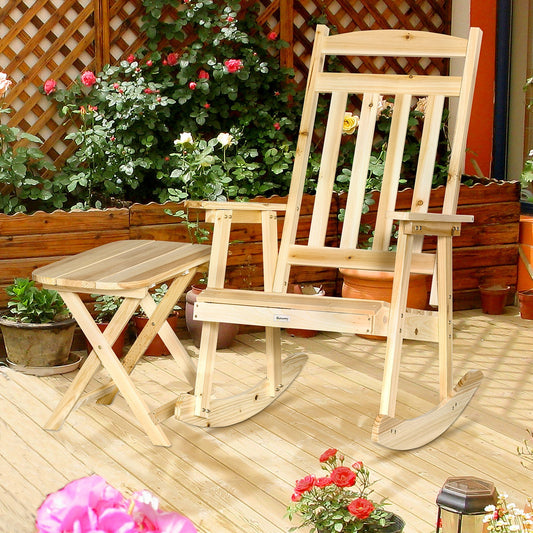 Patio Wooden Rocking Chair with Table, Outdoor Rocker Set with High Back Armchair and Foldable Side Table for Backyard, Garden, Porch, Natural - Gallery Canada