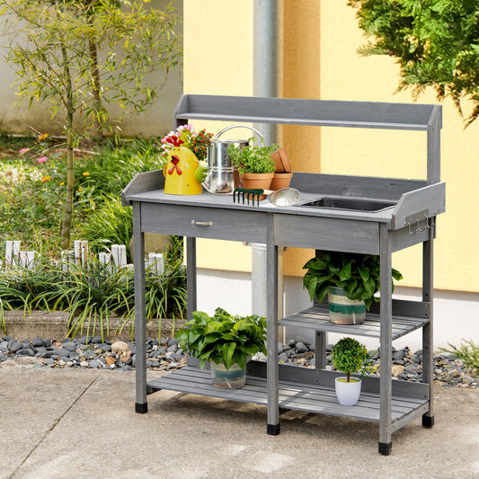 Potting Bench Table Garden Work Bench Workstation with Drawer, Removable Sink, Storage Shelves and Hooks for Patio, Courtyards, Balcony - Gallery Canada