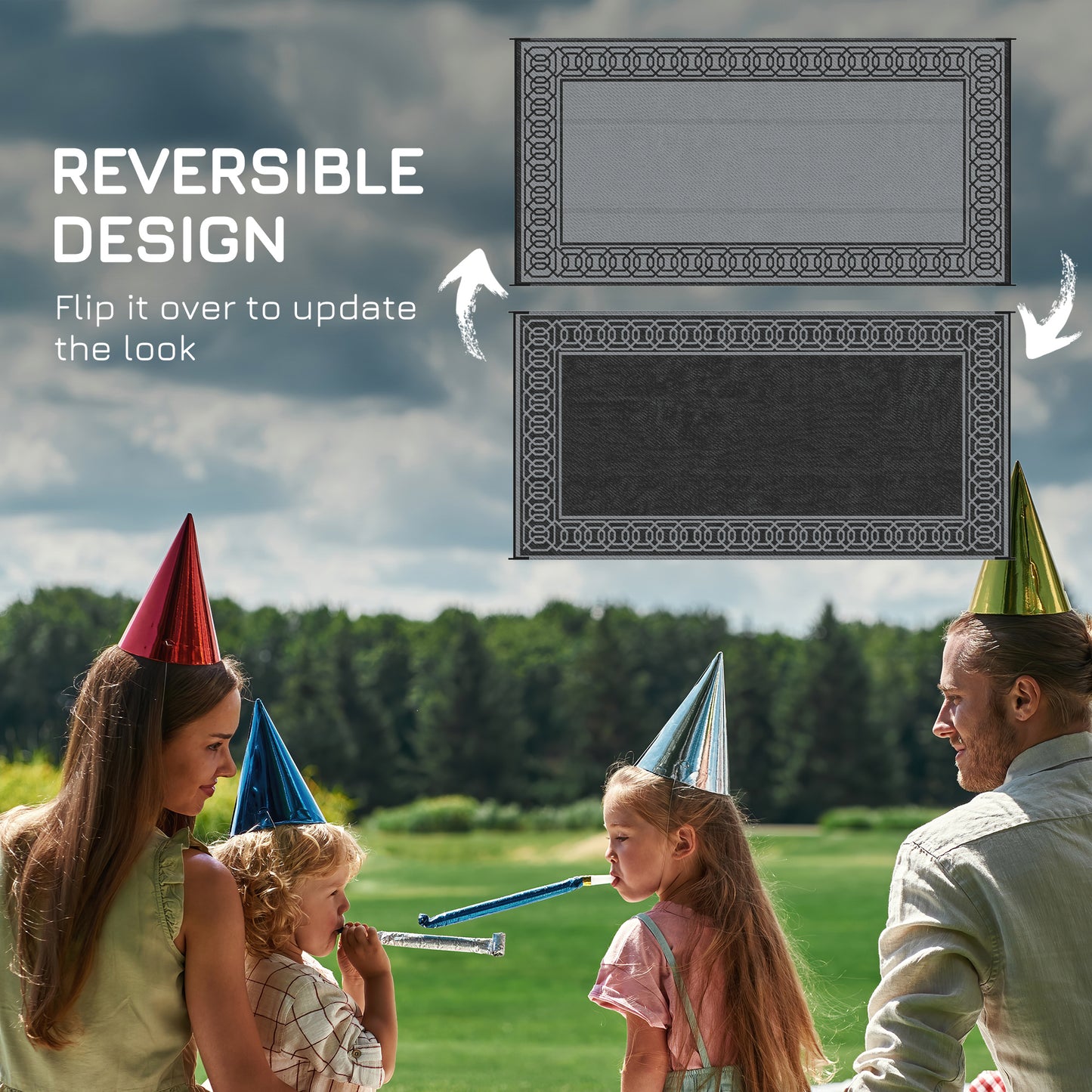 Portable Outdoor Rug with Carrying Bag, 9' x 18' Reversible Mat, Waterproof Plastic Straw RV Rug for Backyard, Deck, Picnic, Beach, Camping, Black and Grey at Gallery Canada