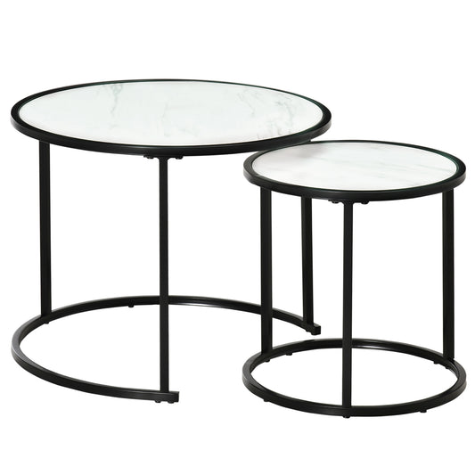 Round Nesting Coffee Table Set of 2, Stacking Modern Accent Tables with Faux Marble Tabletop and Metal Frame for Living Room, White - Gallery Canada
