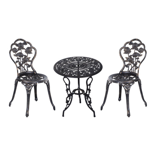 3PCs Patio Bistro Set, Outdoor Cast Aluminum Garden Table and Chairs with Umbrella Hole for Balcony, Bronze