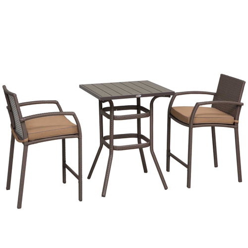 3 Pieces Outdoor Wicker Bistro Bar Set Garden PE Rattan Bar Table and Stools with Seat Cushion, Khaki