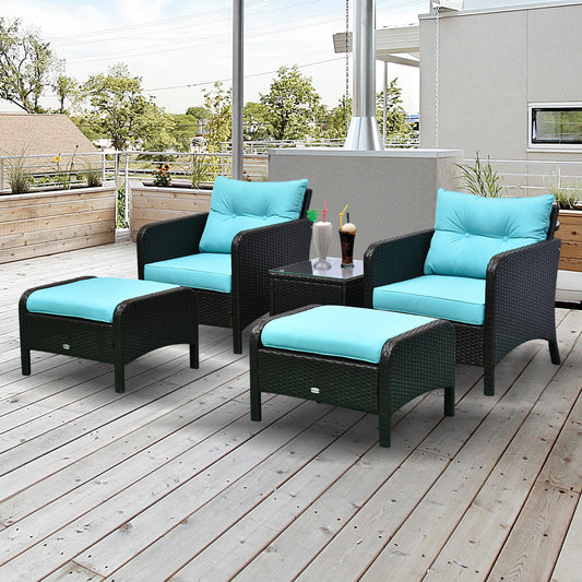 5 Pieces Wicker Patio Furniture Sofa Set Thick Padded Cushions, Outdoor PE Rattan Conversation Coffee Set with Armchairs, Footstools and Glass Top Table, Light Blue - Gallery Canada