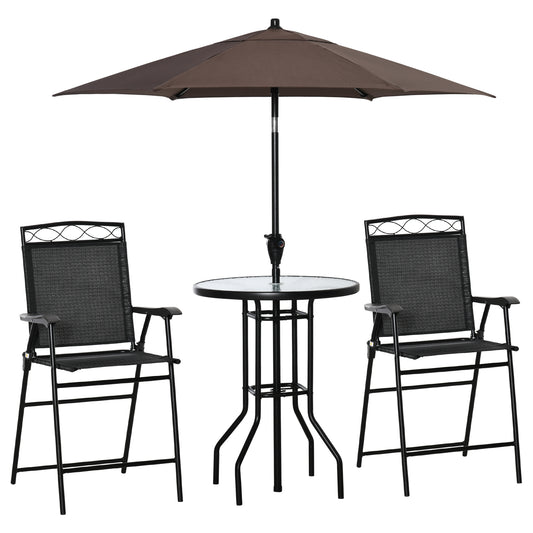 4 Piece Patio Bar Set, Sling Folding Outdoor Furniture with Brown Umbrella for Poolside, Backyard and Garden, Black - Gallery Canada