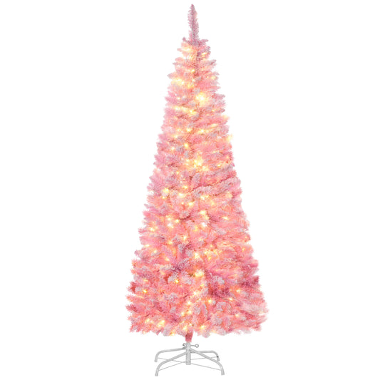 6 Foot Prelit Snow Flocked Artificial Christmas Tree with Pencil Shape, 500 Pine Realistic Branches, Warm White LED lights, Auto Open, Pink and White - Gallery Canada