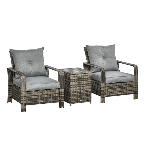 3 Pieces Patio Bistro Set, PE Rattan Garden Sofa Set with 2 Padded Chairs 1 Storage Table, Grey