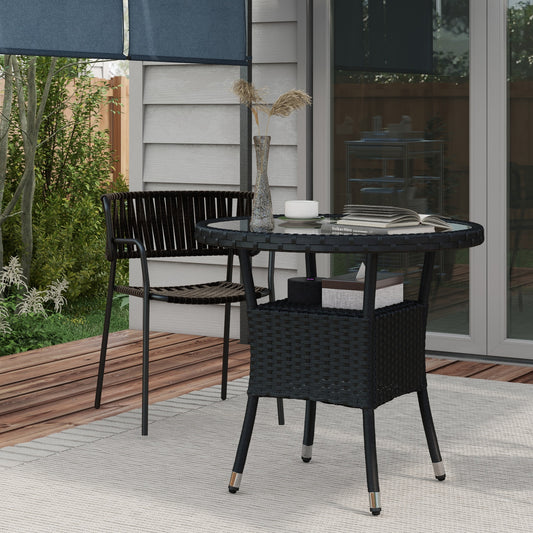 Φ31.5" Outdoor Wicker Dining Table, PE Rattan Patio Furniture with 2-Tier Storage Shelf, Metal Frame Round Garden Table with Glass Top Table, Black - Gallery Canada