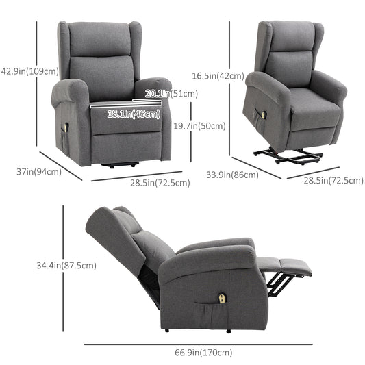 Wingback Lift Chair for Elderly, Power Chair Recliner with Footrest, Remote Control, Side Pockets, Grey - Gallery Canada